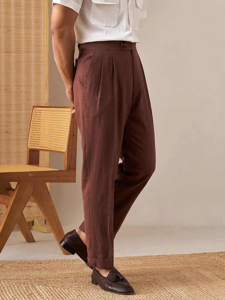 Men's Summer Naples Casual Linen Pants Retro Flat Front Straight Western Gurkha Trousers