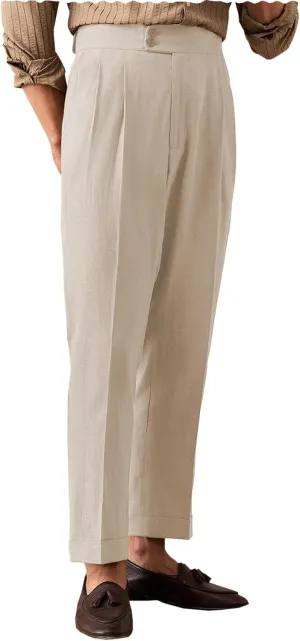 Men's Summer Naples Casual Linen Pants Retro Flat Front Straight Western Gurkha Trousers