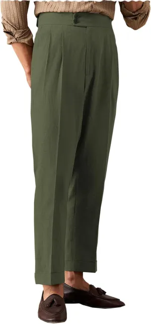 Men's Summer Naples Casual Linen Pants Retro Flat Front Straight Western Gurkha Trousers
