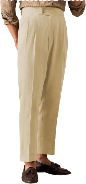 Men's Summer Naples Casual Linen Pants Retro Flat Front Straight Western Gurkha Trousers