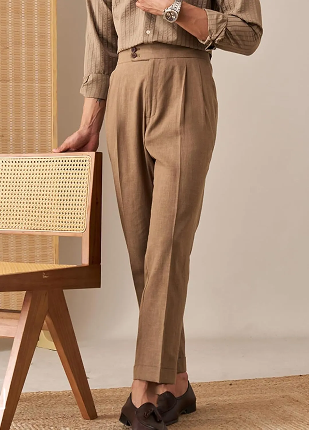 Men's Summer Naples Casual Linen Pants Retro Flat Front Straight Western Gurkha Trousers