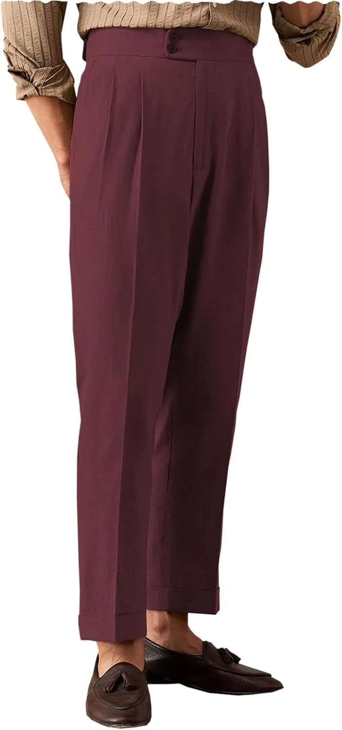 Men's Summer Naples Casual Linen Pants Retro Flat Front Straight Western Gurkha Trousers