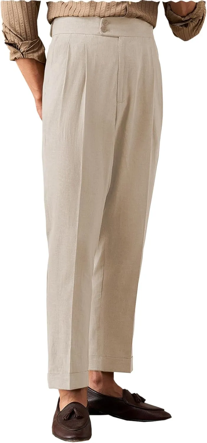 Men's Summer Naples Casual Linen Pants Retro Flat Front Straight Western Gurkha Trousers
