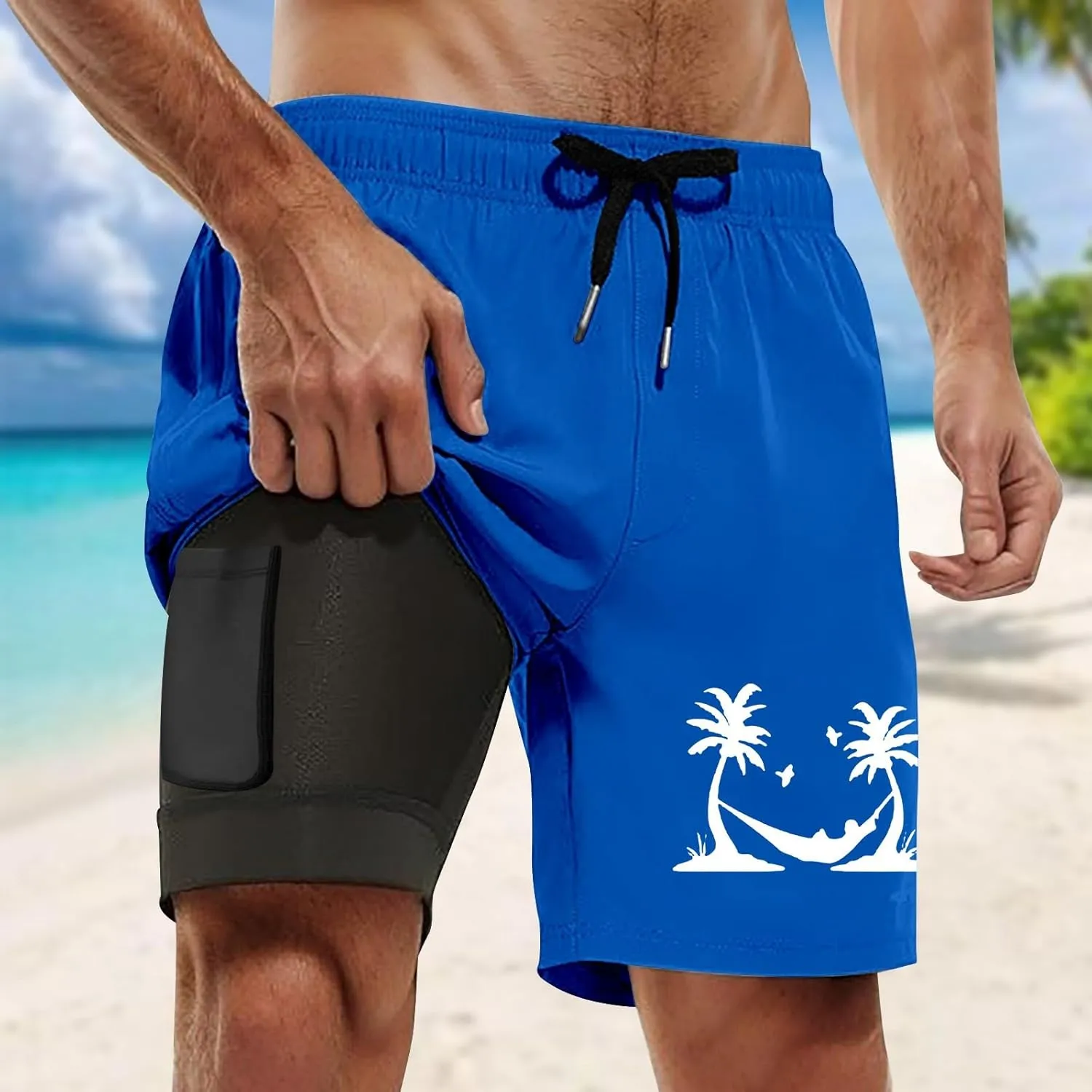 Mens Swim Trunks with Compression Liner 2-in Quick-Dry Board Beach Shorts Drawstring Bathing Suits with Pockets