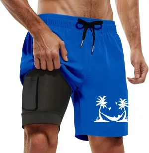 Mens Swim Trunks with Compression Liner 2-in Quick-Dry Board Beach Shorts Drawstring Bathing Suits with Pockets