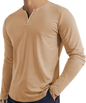 Men's V Neck Long Sleeve Shirts Casual Henley Cotton T-Shirts Slim Fit Longline Tee Shirts