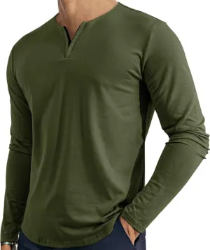 Men's V Neck Long Sleeve Shirts Casual Henley Cotton T-Shirts Slim Fit Longline Tee Shirts