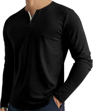 Men's V Neck Long Sleeve Shirts Casual Henley Cotton T-Shirts Slim Fit Longline Tee Shirts