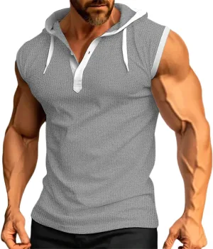 Mens Waffle Tank Tops Hoodie Shirts Sleeveless Gym Hoodies Bodybuilding Muscle Shirts Casual Beach Hippie Shirts