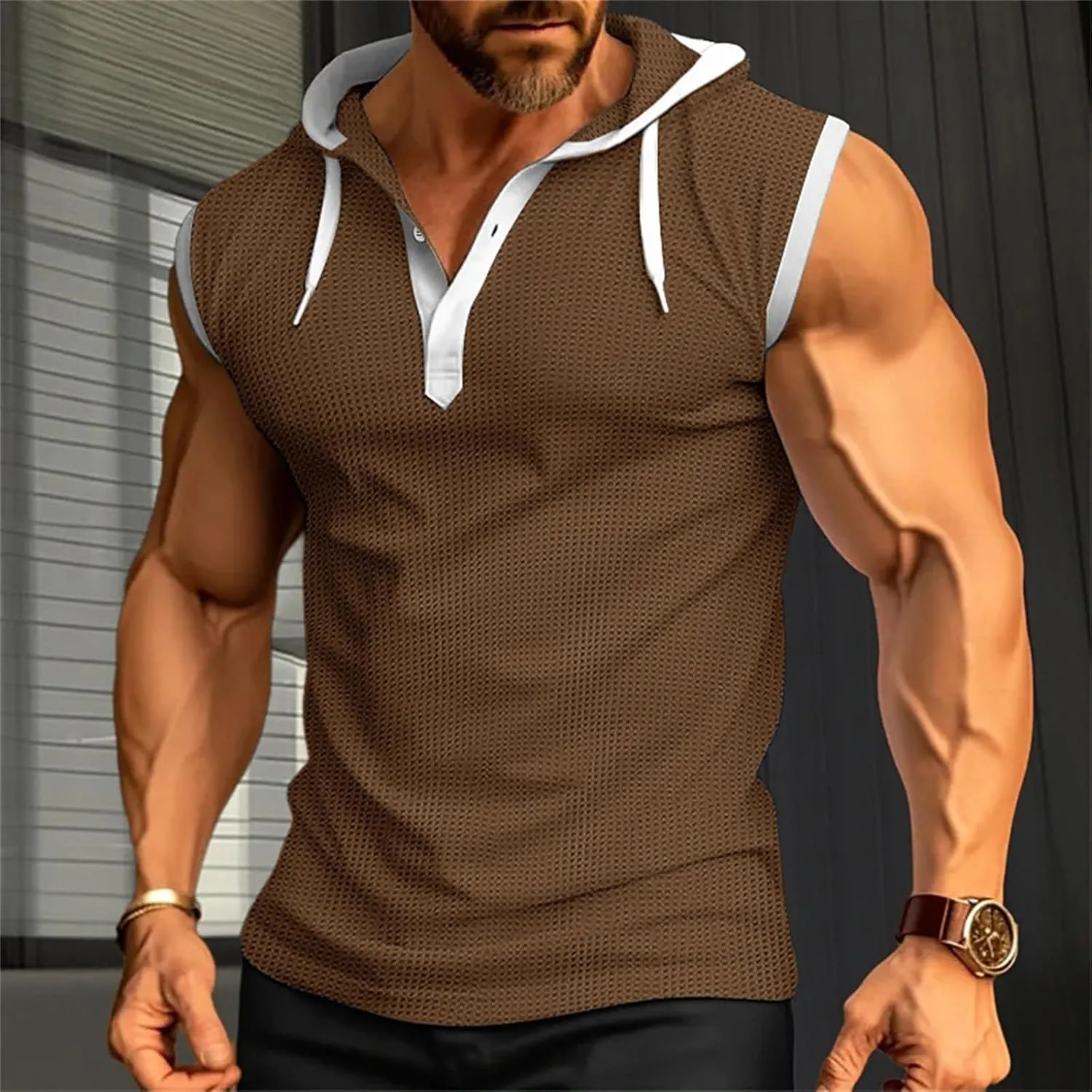 Mens Waffle Tank Tops Hoodie Shirts Sleeveless Gym Hoodies Bodybuilding Muscle Shirts Casual Beach Hippie Shirts