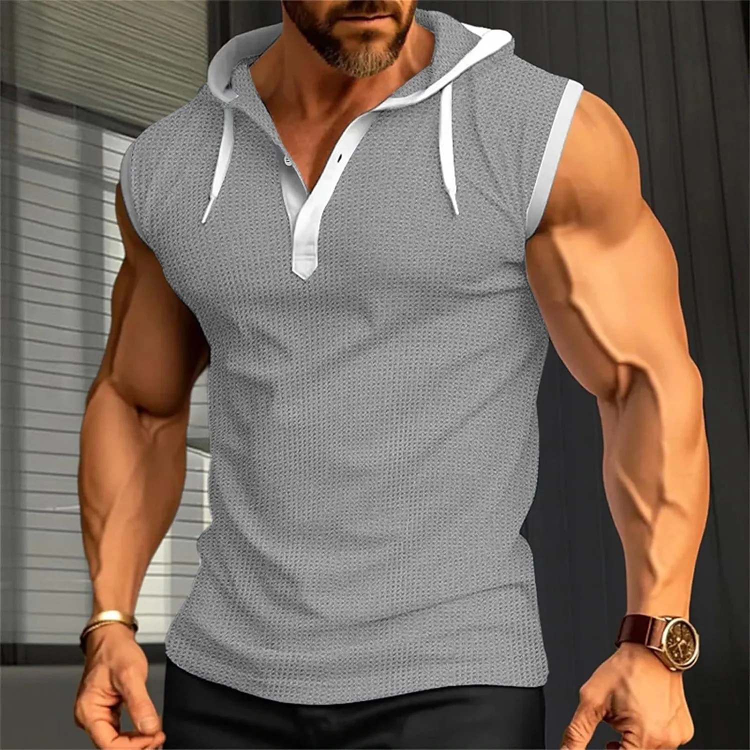 Mens Waffle Tank Tops Hoodie Shirts Sleeveless Gym Hoodies Bodybuilding Muscle Shirts Casual Beach Hippie Shirts