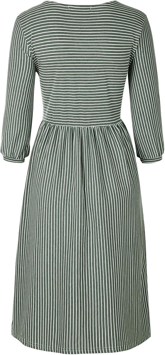MEROKEETY Women's 3/4 Balloon Sleeve Striped High Waist T Shirt Midi Dress with Pockets