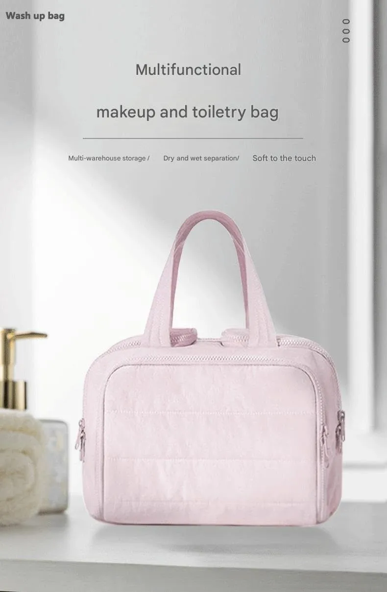 Multifunctional toiletry bag portable lightweight cotton travel storage large cosmetic bag classification multi-layer bag(Pink)