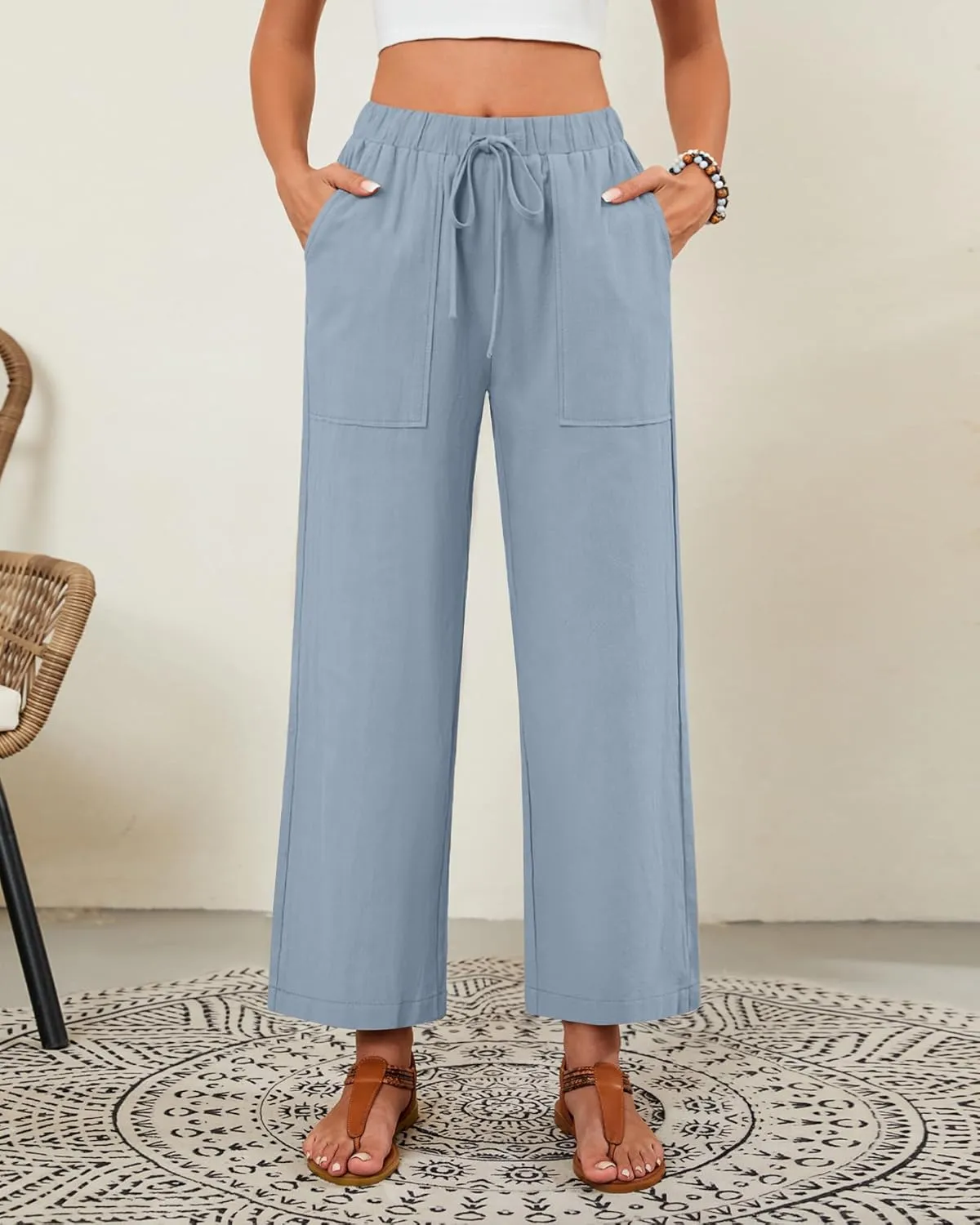 Neer 2 Pack Women’s Linen Pants with Pocket, Casual Summer Drawstring Beach Pants High Waisted Wide Leg Loose Palazzo Trouser