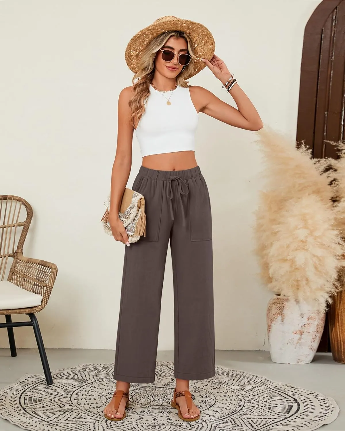 Neer 2 Pack Women’s Linen Pants with Pocket, Casual Summer Drawstring Beach Pants High Waisted Wide Leg Loose Palazzo Trouser