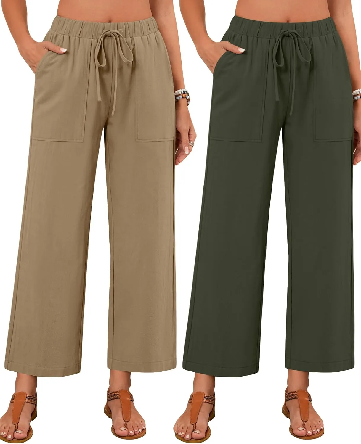 Neer 2 Pack Women’s Linen Pants with Pocket, Casual Summer Drawstring Beach Pants High Waisted Wide Leg Loose Palazzo Trouser
