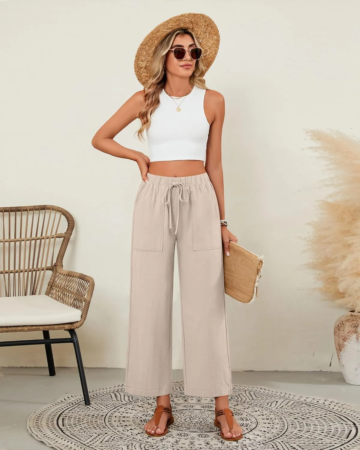 Neer 2 Pack Women’s Linen Pants with Pocket, Casual Summer Drawstring Beach Pants High Waisted Wide Leg Loose Palazzo Trouser