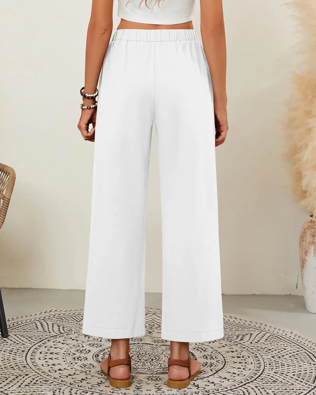 Neer 2 Pack Women’s Linen Pants with Pocket, Casual Summer Drawstring Beach Pants High Waisted Wide Leg Loose Palazzo Trouser