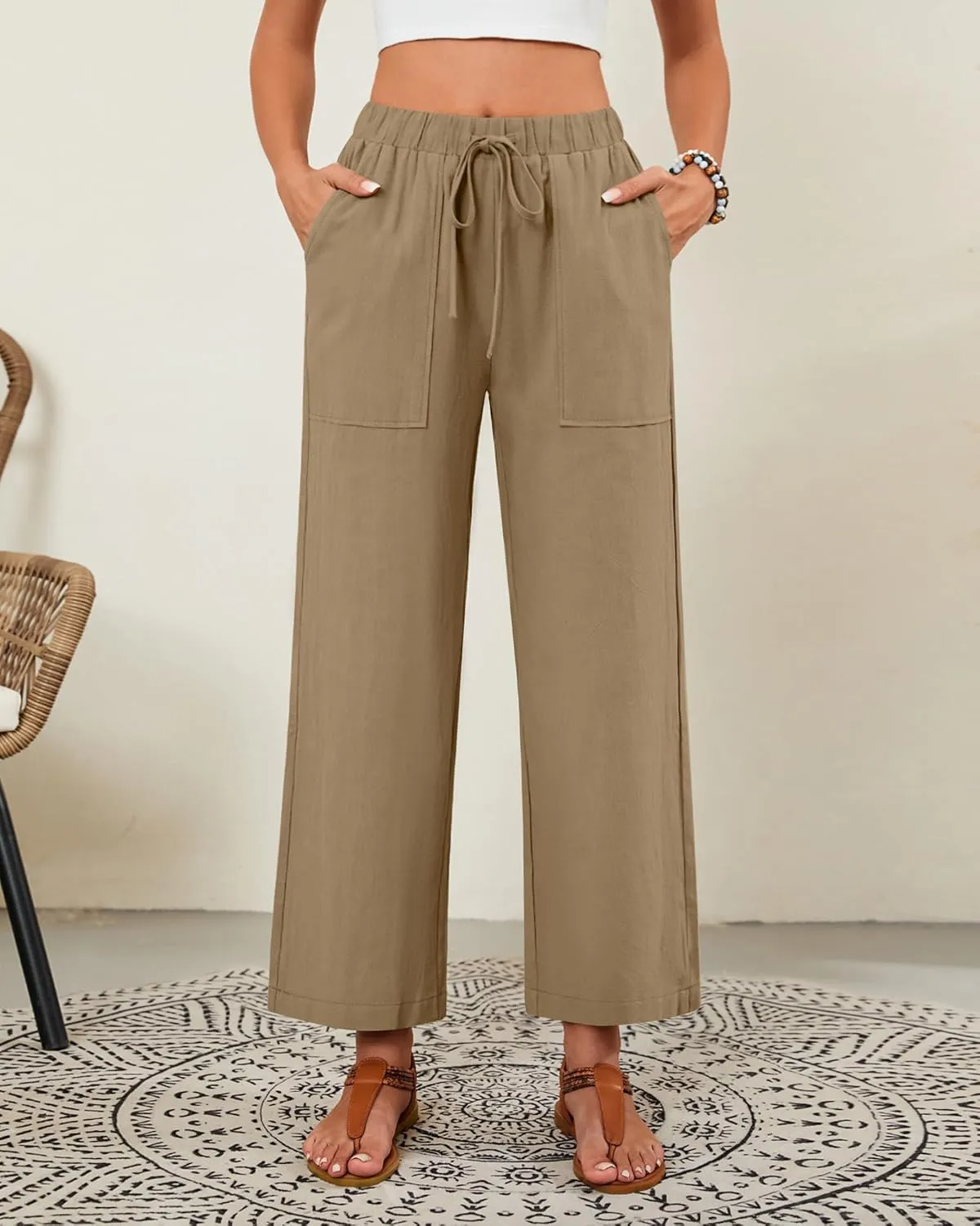 Neer 2 Pack Women’s Linen Pants with Pocket, Casual Summer Drawstring Beach Pants High Waisted Wide Leg Loose Palazzo Trouser