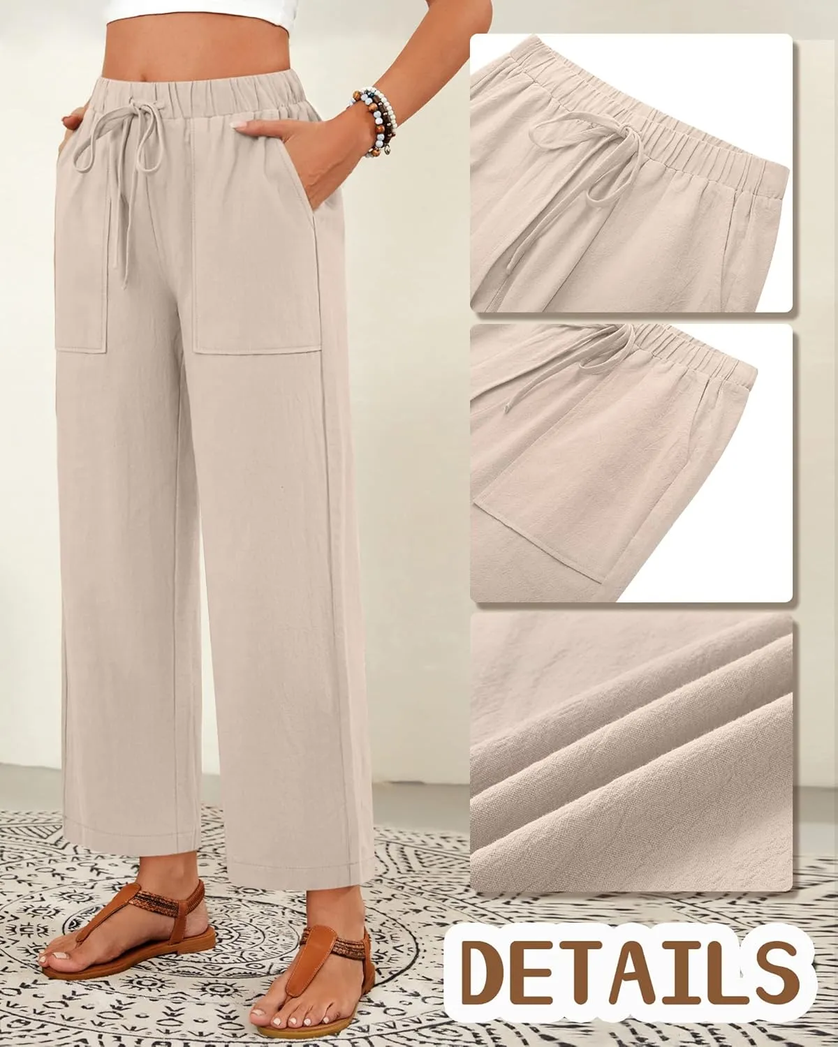 Neer 2 Pack Women’s Linen Pants with Pocket, Casual Summer Drawstring Beach Pants High Waisted Wide Leg Loose Palazzo Trouser