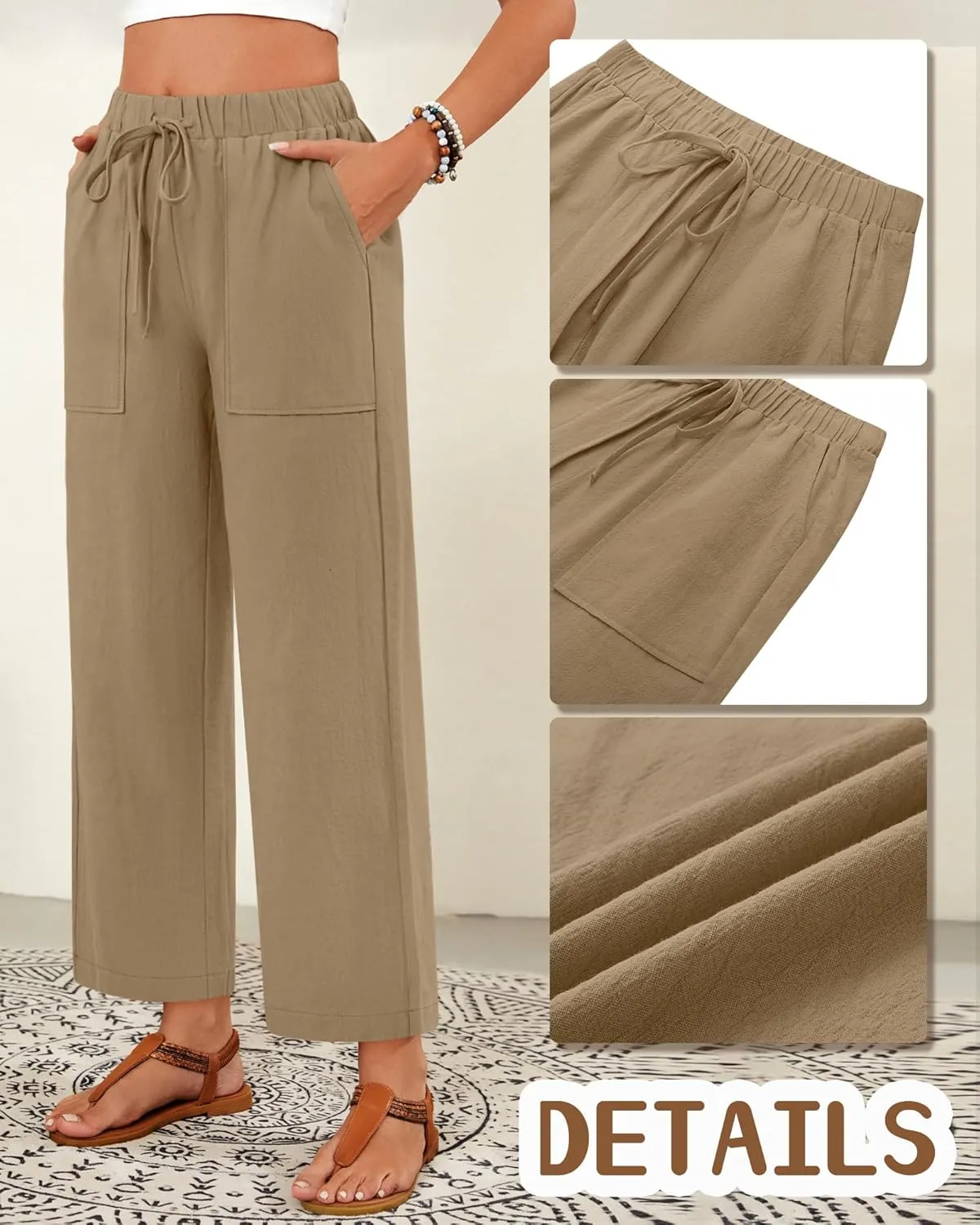 Neer 2 Pack Women’s Linen Pants with Pocket, Casual Summer Drawstring Beach Pants High Waisted Wide Leg Loose Palazzo Trouser