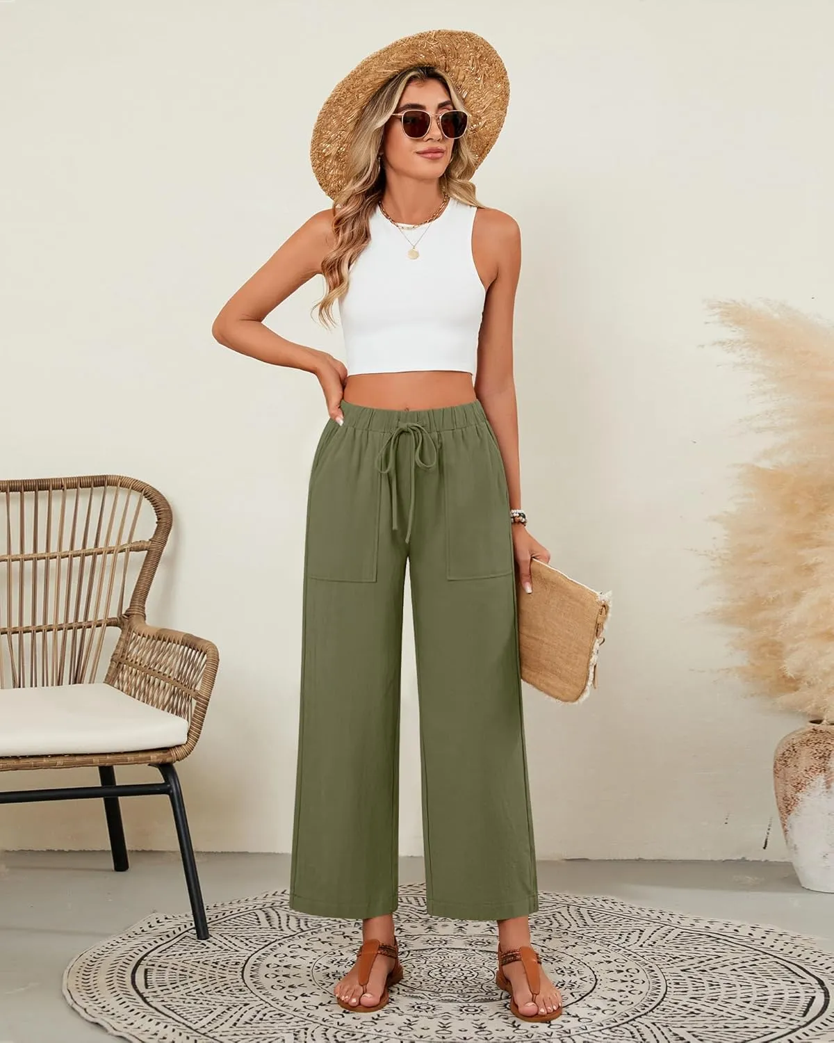 Neer 2 Pack Women’s Linen Pants with Pocket, Casual Summer Drawstring Beach Pants High Waisted Wide Leg Loose Palazzo Trouser