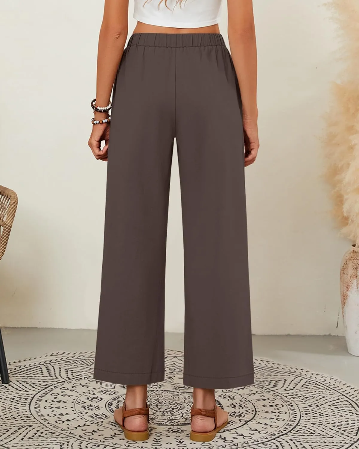 Neer 2 Pack Women’s Linen Pants with Pocket, Casual Summer Drawstring Beach Pants High Waisted Wide Leg Loose Palazzo Trouser