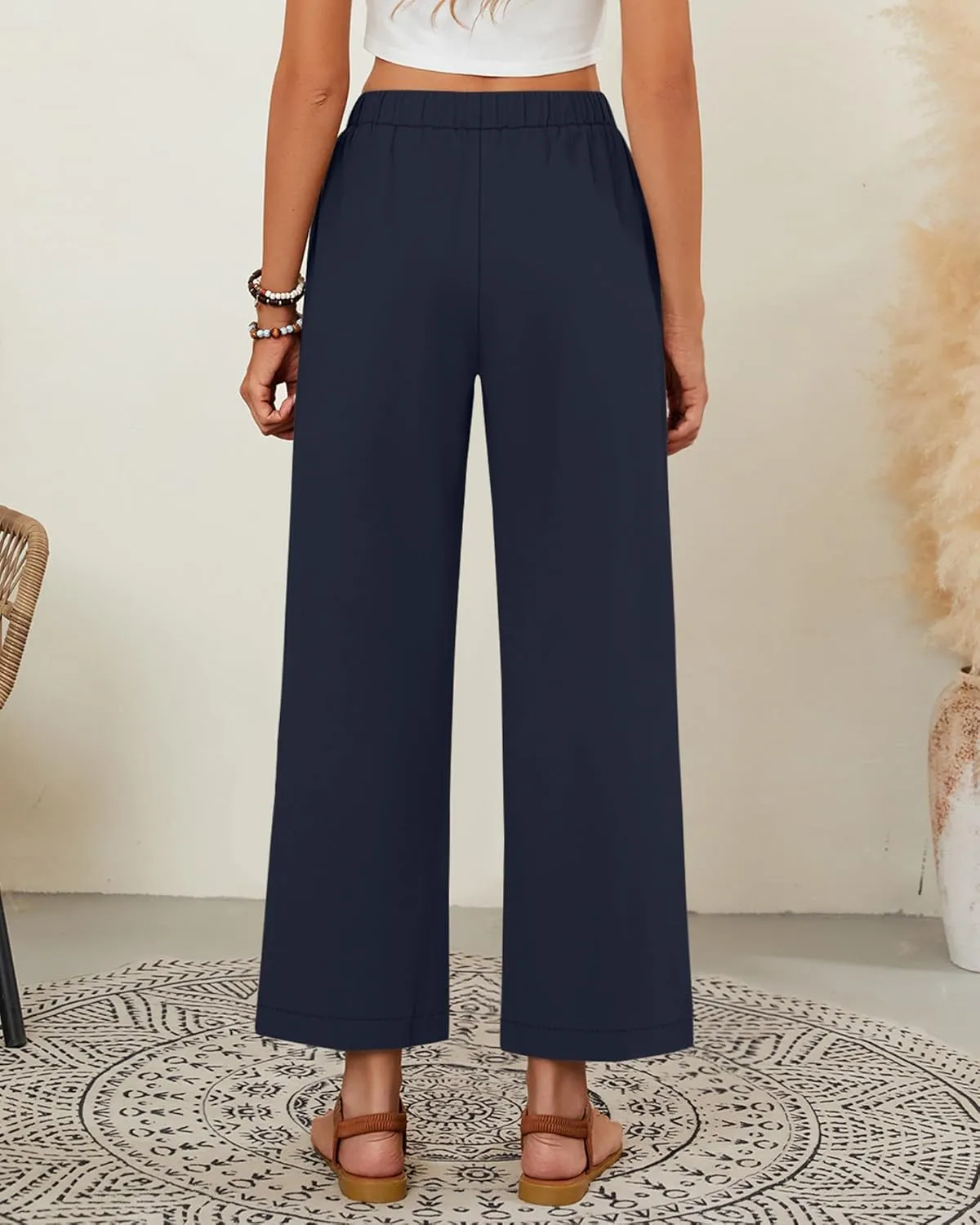 Neer 2 Pack Women’s Linen Pants with Pocket, Casual Summer Drawstring Beach Pants High Waisted Wide Leg Loose Palazzo Trouser
