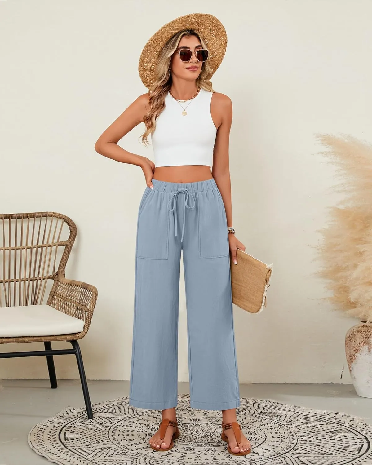 Neer 2 Pack Women’s Linen Pants with Pocket, Casual Summer Drawstring Beach Pants High Waisted Wide Leg Loose Palazzo Trouser
