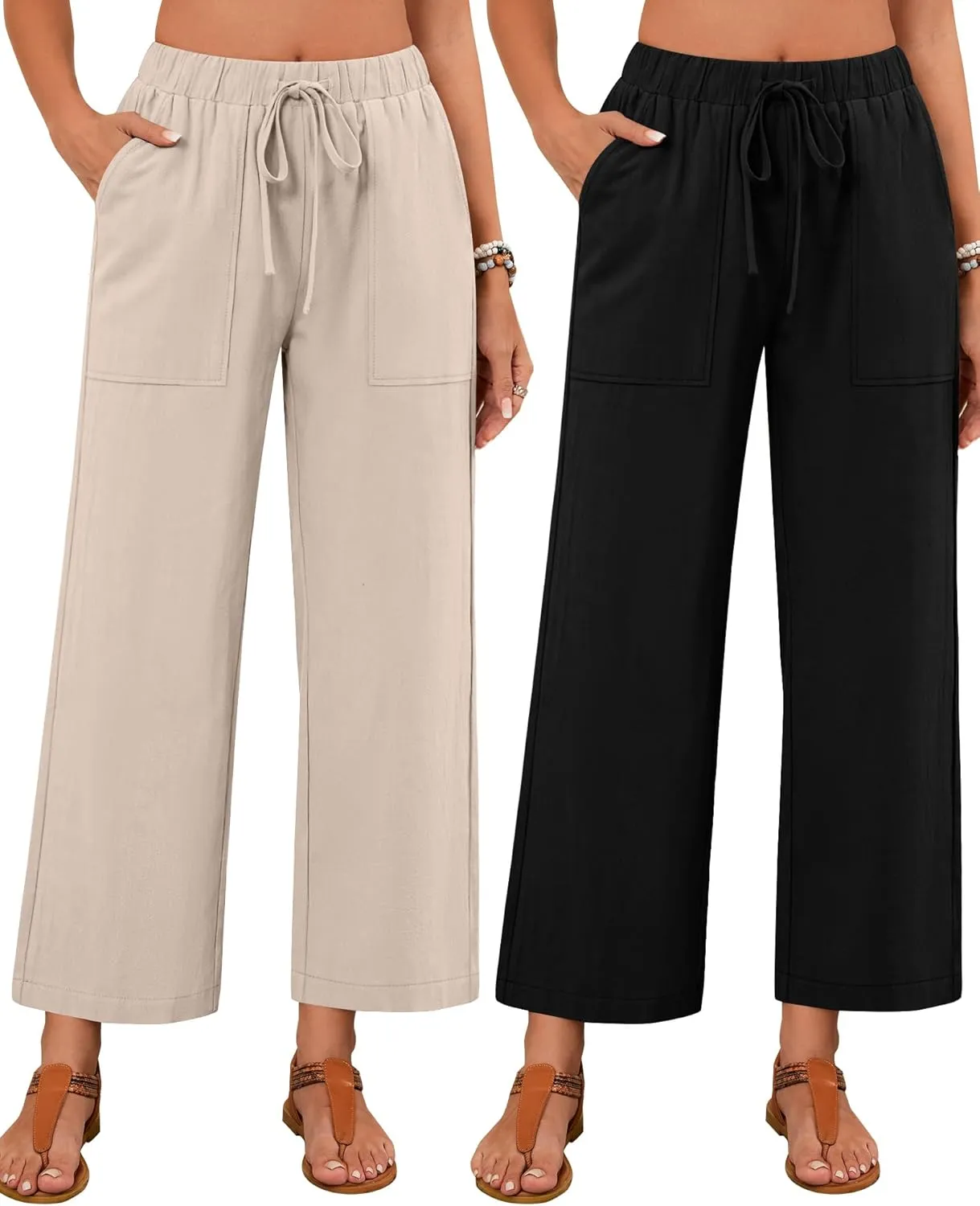 Neer 2 Pack Women’s Linen Pants with Pocket, Casual Summer Drawstring Beach Pants High Waisted Wide Leg Loose Palazzo Trouser