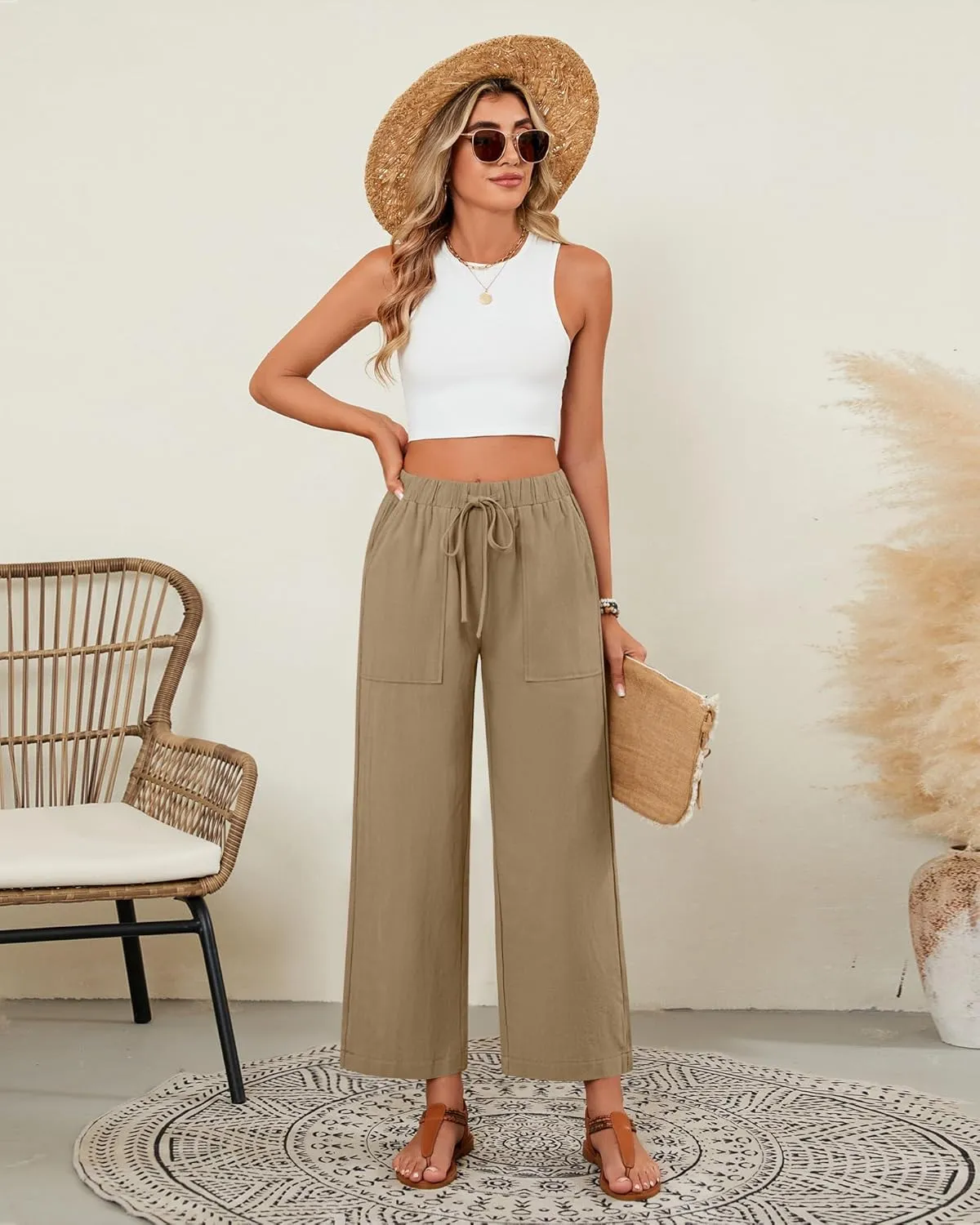 Neer 2 Pack Women’s Linen Pants with Pocket, Casual Summer Drawstring Beach Pants High Waisted Wide Leg Loose Palazzo Trouser