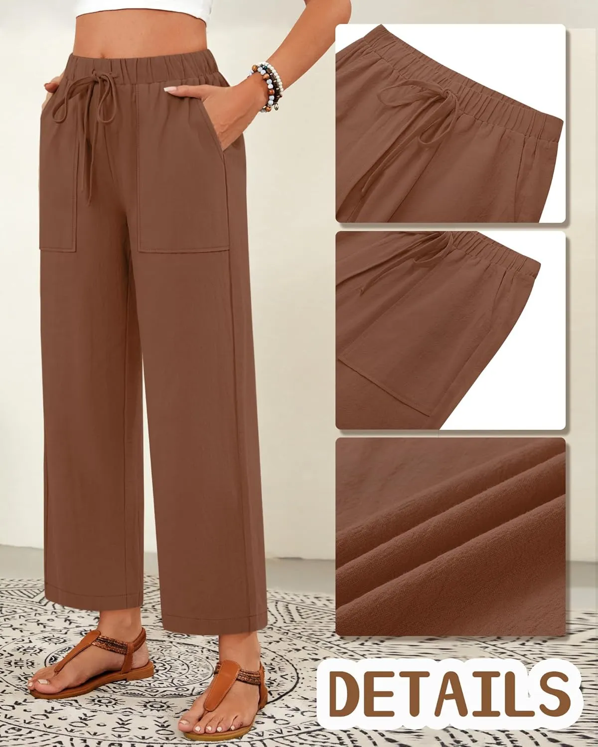 Neer 2 Pack Women’s Linen Pants with Pocket, Casual Summer Drawstring Beach Pants High Waisted Wide Leg Loose Palazzo Trouser