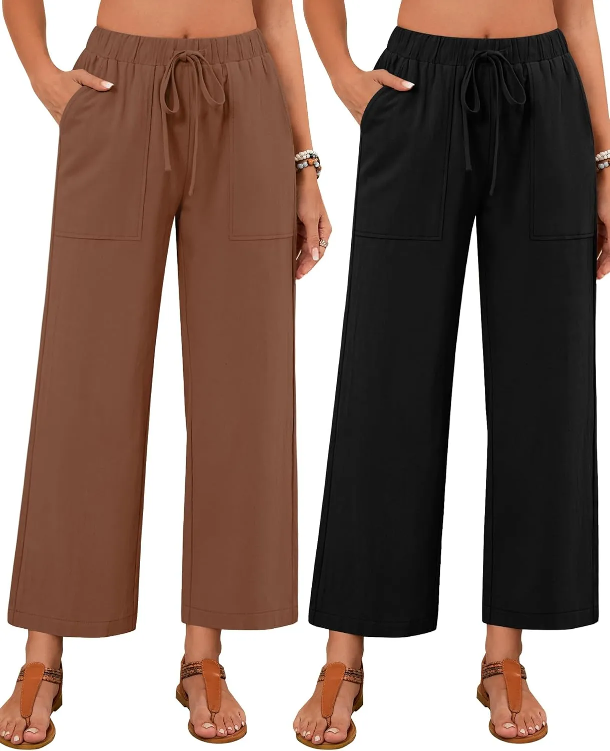 Neer 2 Pack Women’s Linen Pants with Pocket, Casual Summer Drawstring Beach Pants High Waisted Wide Leg Loose Palazzo Trouser