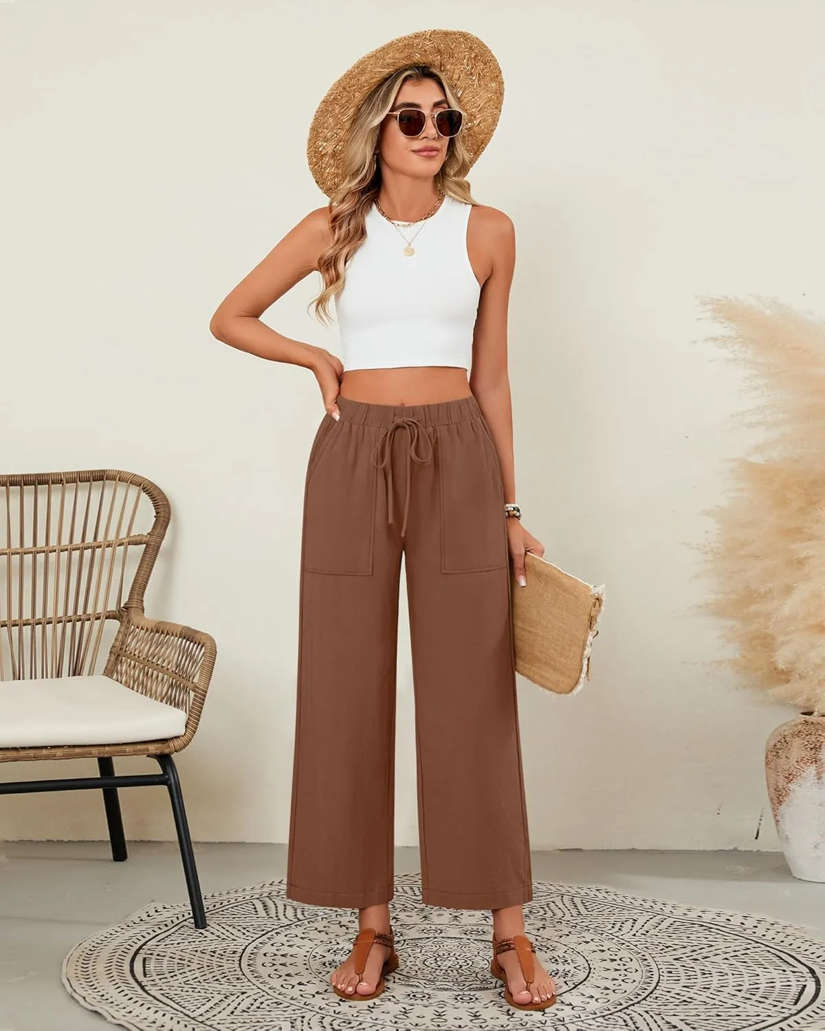 Neer 2 Pack Women’s Linen Pants with Pocket, Casual Summer Drawstring Beach Pants High Waisted Wide Leg Loose Palazzo Trouser