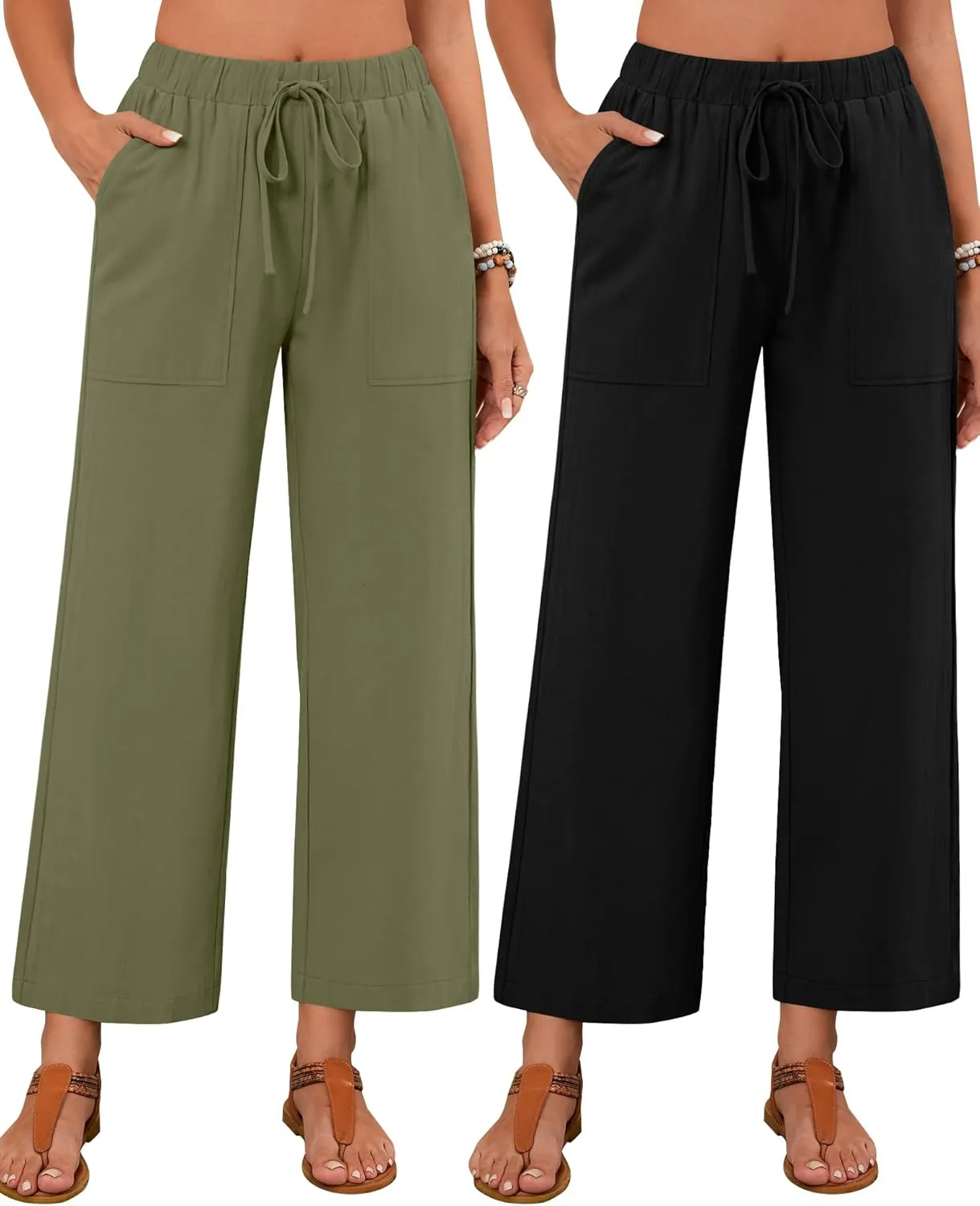 Neer 2 Pack Women’s Linen Pants with Pocket, Casual Summer Drawstring Beach Pants High Waisted Wide Leg Loose Palazzo Trouser