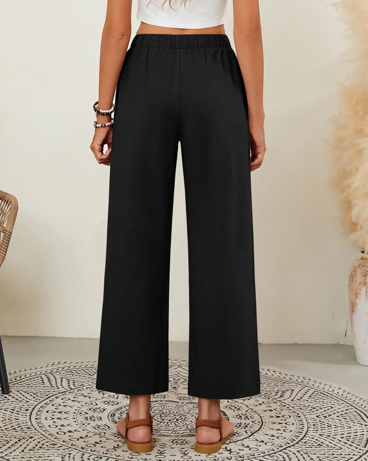 Neer 2 Pack Women’s Linen Pants with Pocket, Casual Summer Drawstring Beach Pants High Waisted Wide Leg Loose Palazzo Trouser