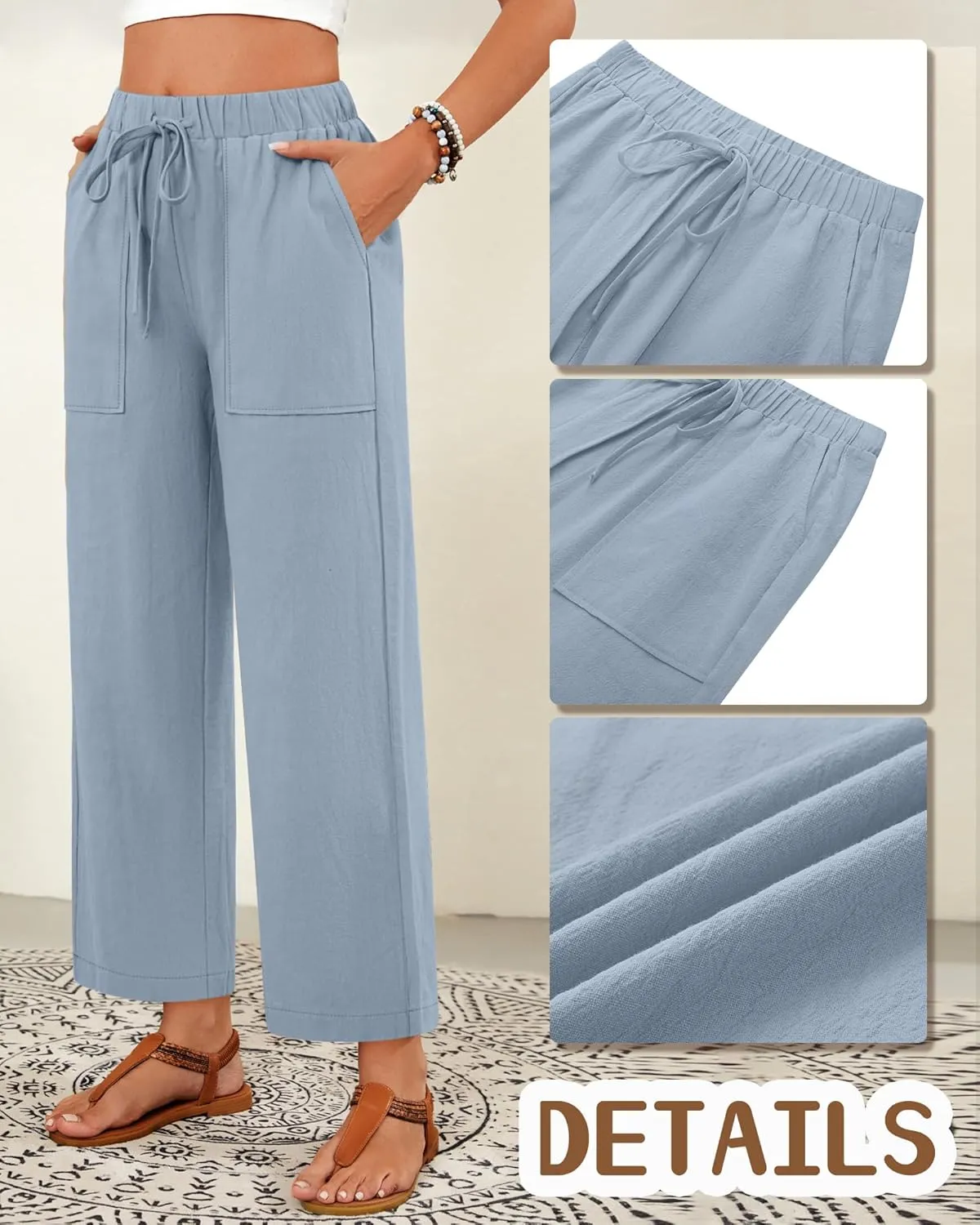 Neer 2 Pack Women’s Linen Pants with Pocket, Casual Summer Drawstring Beach Pants High Waisted Wide Leg Loose Palazzo Trouser