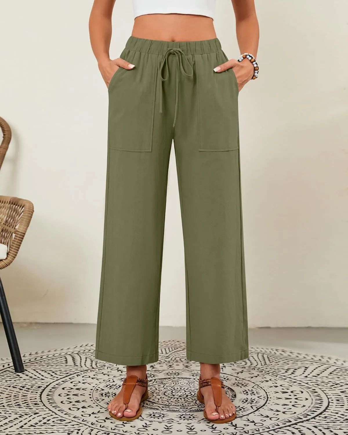 Neer 2 Pack Women’s Linen Pants with Pocket, Casual Summer Drawstring Beach Pants High Waisted Wide Leg Loose Palazzo Trouser