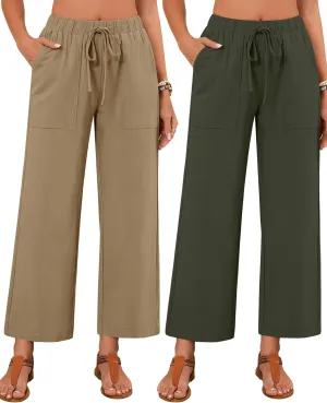 Neer 2 Pack Women’s Linen Pants with Pocket, Casual Summer Drawstring Beach Pants High Waisted Wide Leg Loose Palazzo Trouser