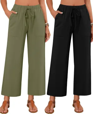 Neer 2 Pack Women’s Linen Pants with Pocket, Casual Summer Drawstring Beach Pants High Waisted Wide Leg Loose Palazzo Trouser