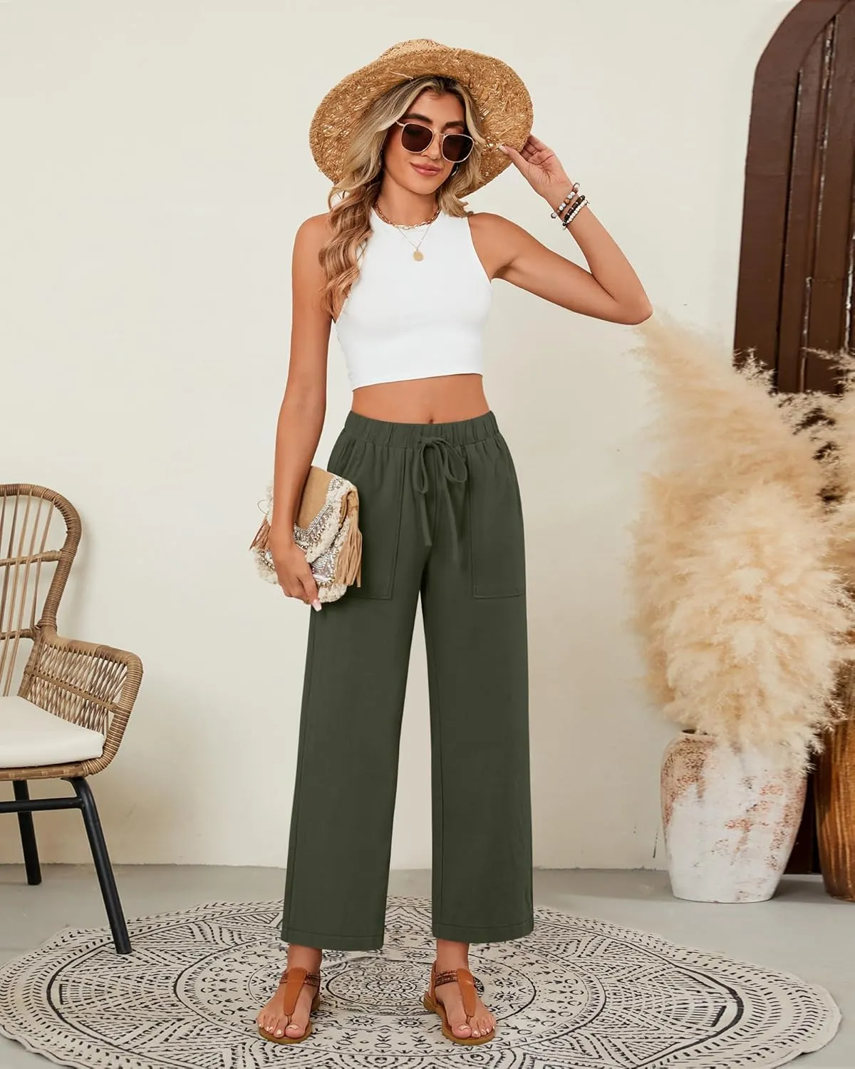 Neer 2 Pack Women’s Linen Pants with Pocket, Casual Summer Drawstring Beach Pants High Waisted Wide Leg Loose Palazzo Trouser