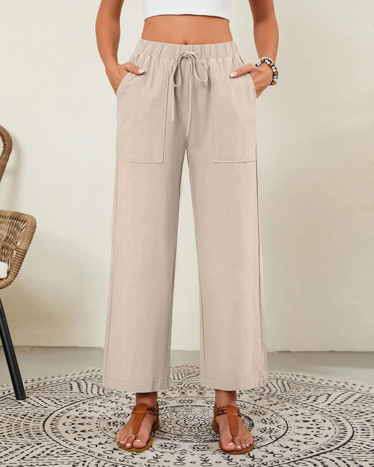 Neer 2 Pack Women’s Linen Pants with Pocket, Casual Summer Drawstring Beach Pants High Waisted Wide Leg Loose Palazzo Trouser