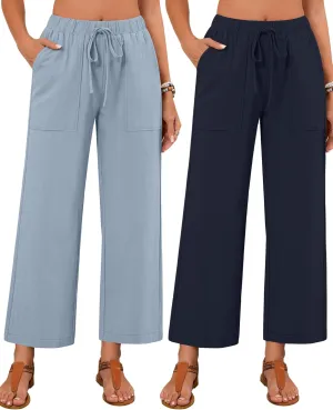 Neer 2 Pack Women’s Linen Pants with Pocket, Casual Summer Drawstring Beach Pants High Waisted Wide Leg Loose Palazzo Trouser