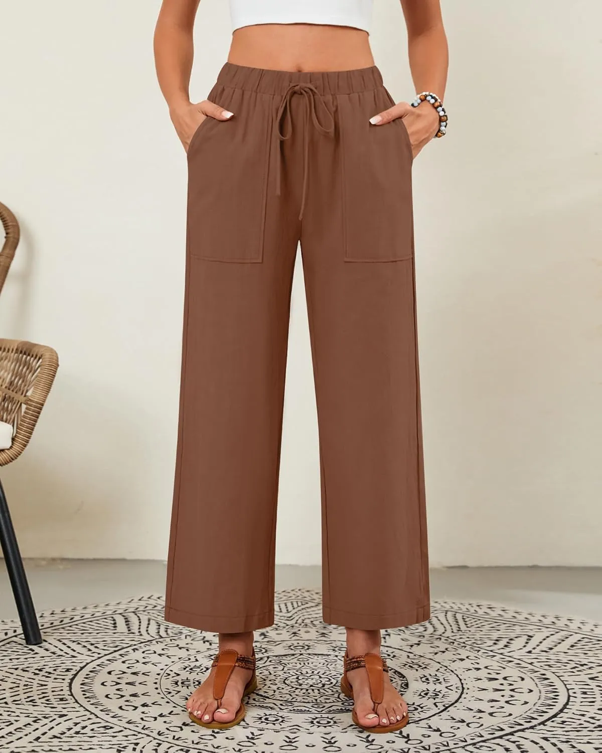 Neer 2 Pack Women’s Linen Pants with Pocket, Casual Summer Drawstring Beach Pants High Waisted Wide Leg Loose Palazzo Trouser
