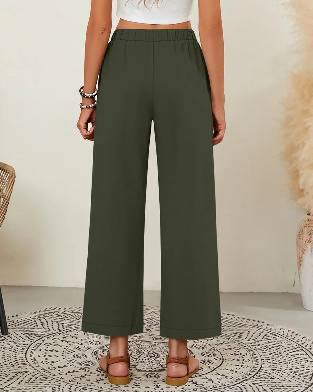 Neer 2 Pack Women’s Linen Pants with Pocket, Casual Summer Drawstring Beach Pants High Waisted Wide Leg Loose Palazzo Trouser