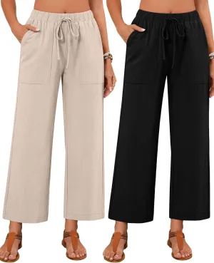 Neer 2 Pack Women’s Linen Pants with Pocket, Casual Summer Drawstring Beach Pants High Waisted Wide Leg Loose Palazzo Trouser