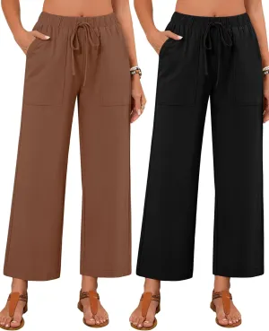 Neer 2 Pack Women’s Linen Pants with Pocket, Casual Summer Drawstring Beach Pants High Waisted Wide Leg Loose Palazzo Trouser