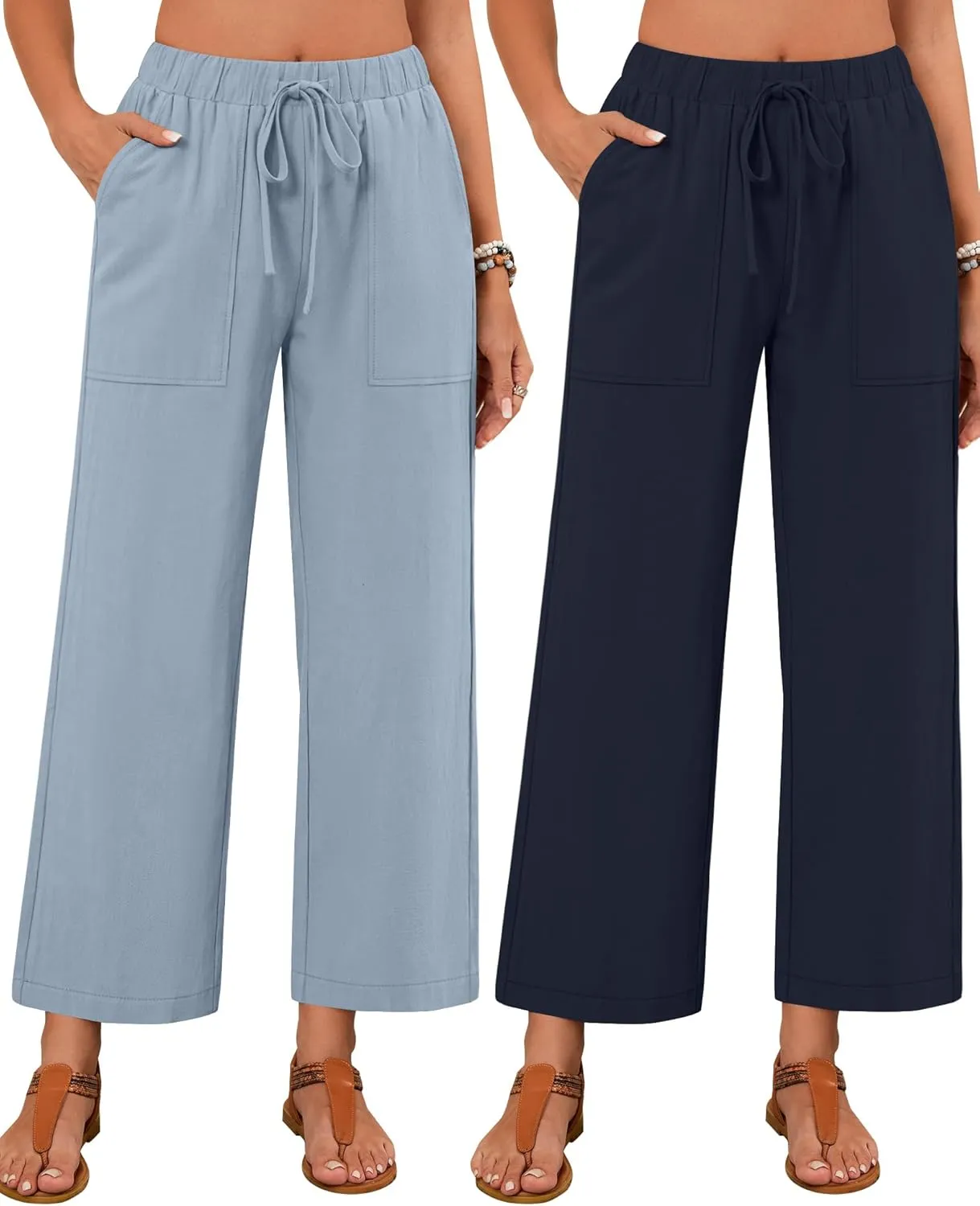 Neer 2 Pack Women’s Linen Pants with Pocket, Casual Summer Drawstring Beach Pants High Waisted Wide Leg Loose Palazzo Trouser