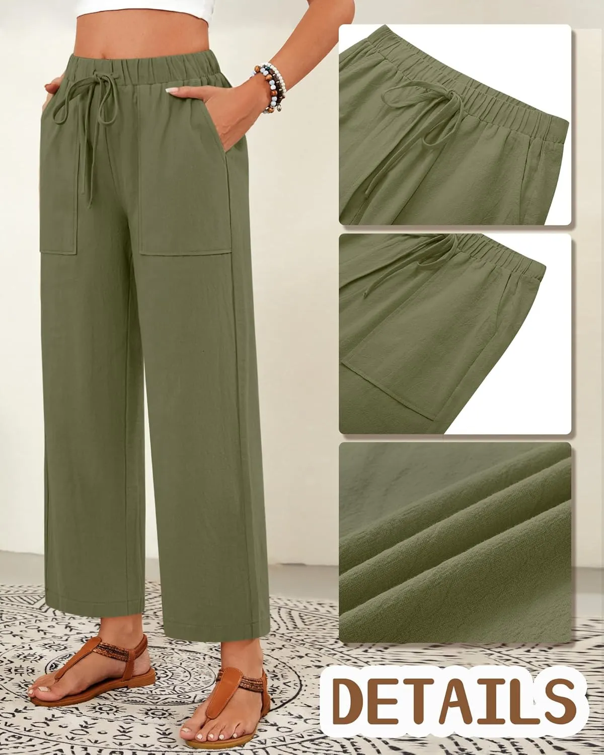 Neer 2 Pack Women’s Linen Pants with Pocket, Casual Summer Drawstring Beach Pants High Waisted Wide Leg Loose Palazzo Trouser