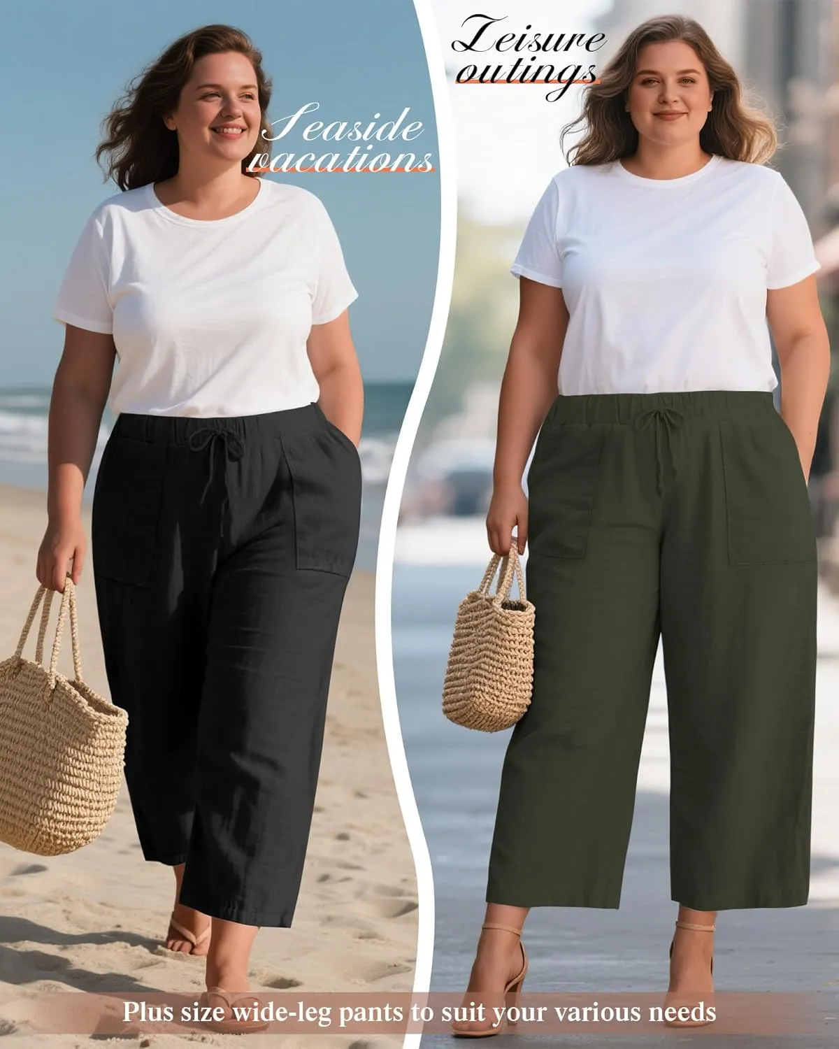 Neer 2 Pack Women’s Plus Size Linen Pants, Casual Summer Beach Pants with Pocket Drawstring High Waisted Loose Trouser
